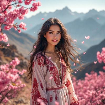 The primary subject of the image is a woman wearing a flowery dress, standing in a field with pink flowers. The setting is a mountainous area with a beautiful backdrop of mountains. The visual style of the image is a photo, capturing the woman's beauty and the natural surroundings. The colors and mood of the image are predominantly pink, creating a warm and serene atmosphere.